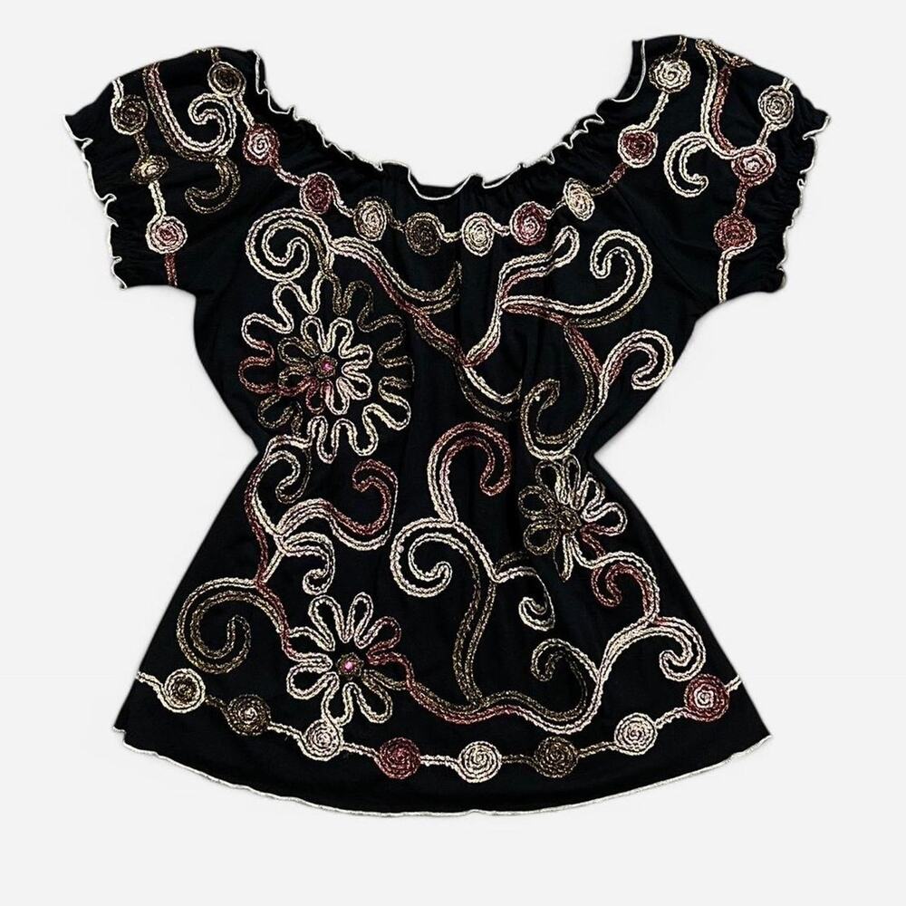 VTG 90s Lauren Michelle Black & Multicolor Floral Embroidered Whimsy Top M/L